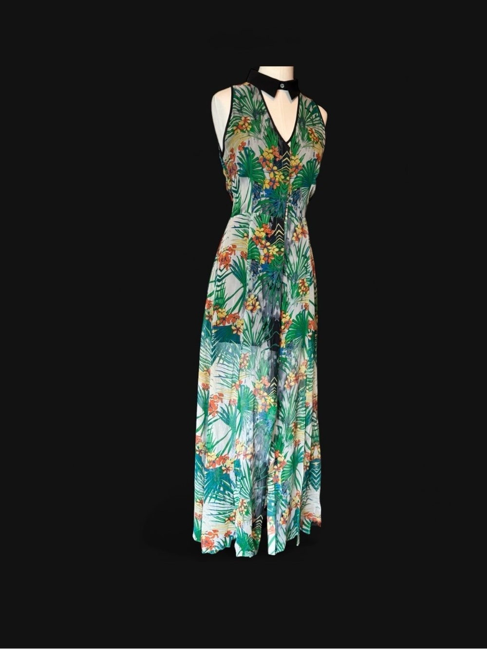 Line & Dot Tropical Green Floral Maxi Dress silk mother of pearl buttons open bk